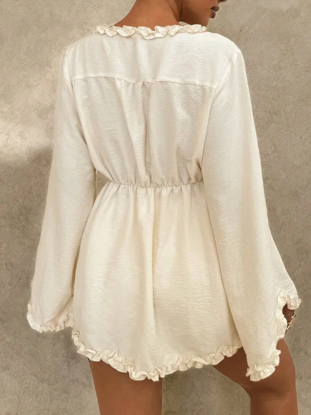 Beige Boho Women's Ruffle Cinched Waist Loose Blouse
